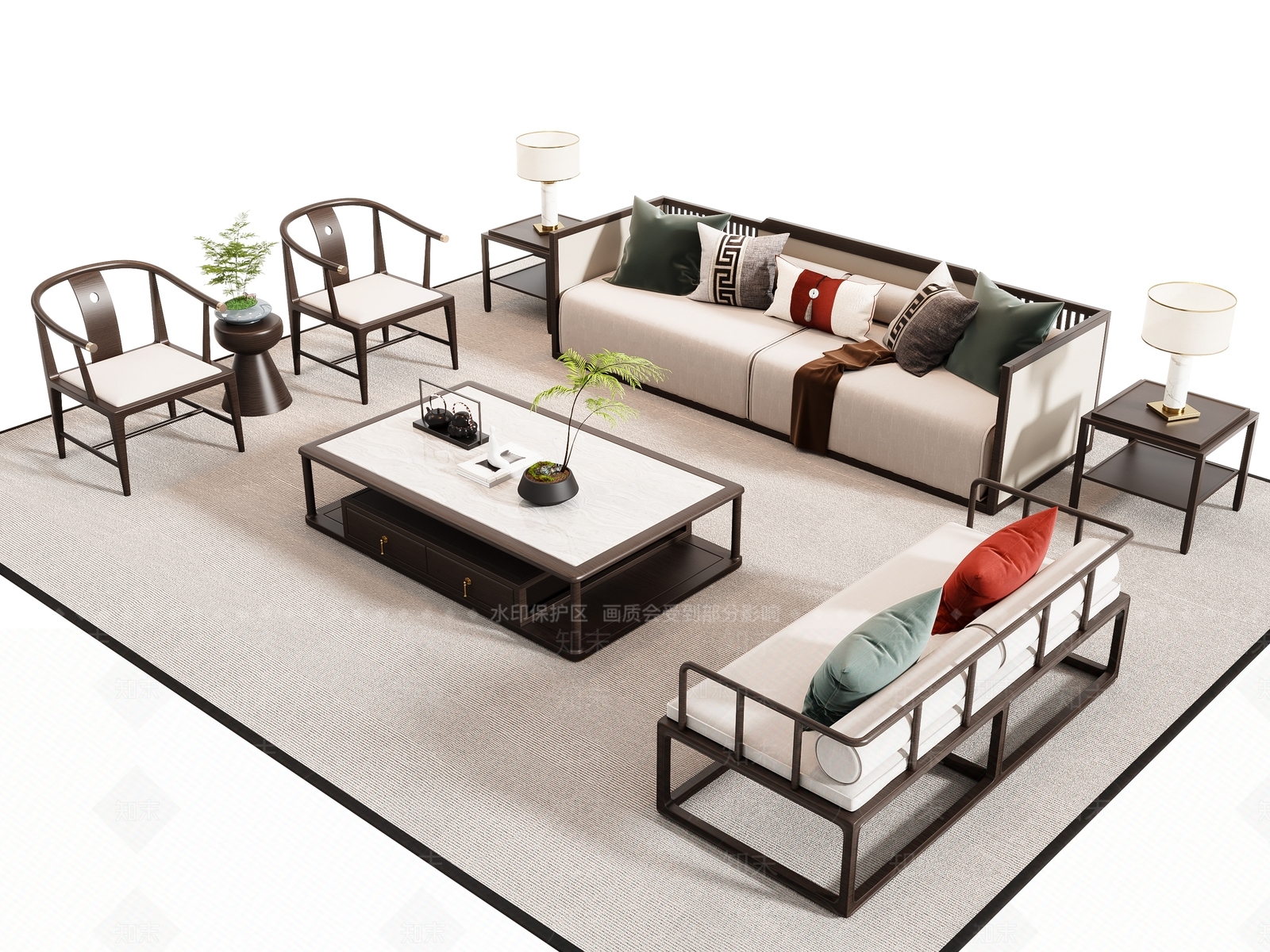 新中式沙发茶几组合3D模型下载【ID:1156415539】