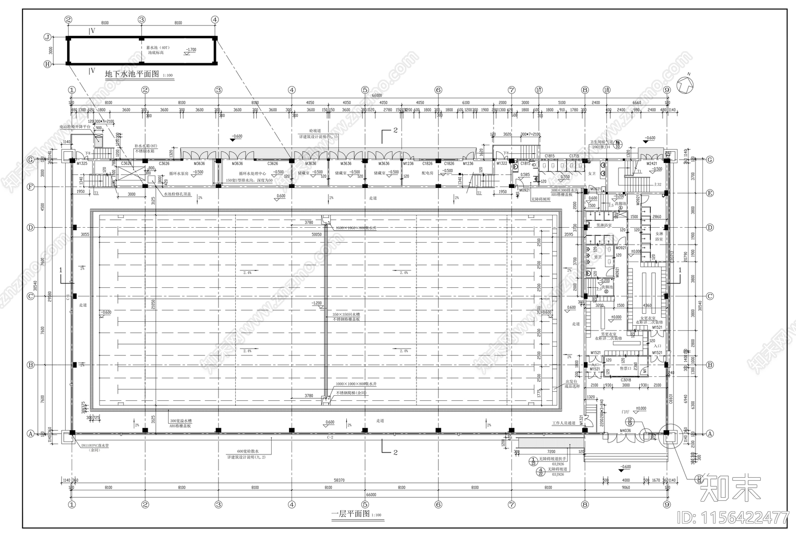 三层石漆外墙室内游泳馆建cad施工图下载【ID:1156422477】