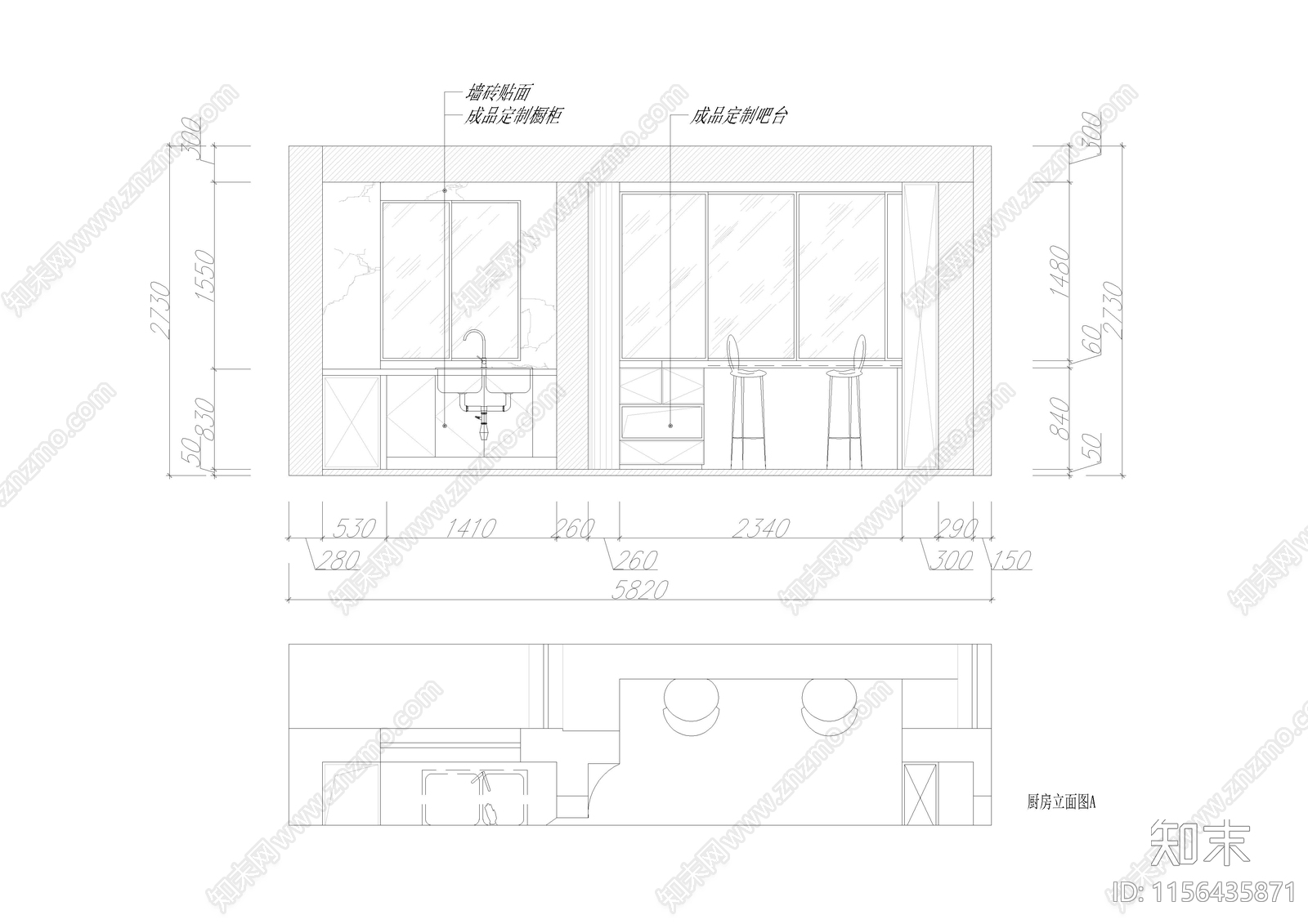 家居厨房cad施工图下载【ID:1156435871】