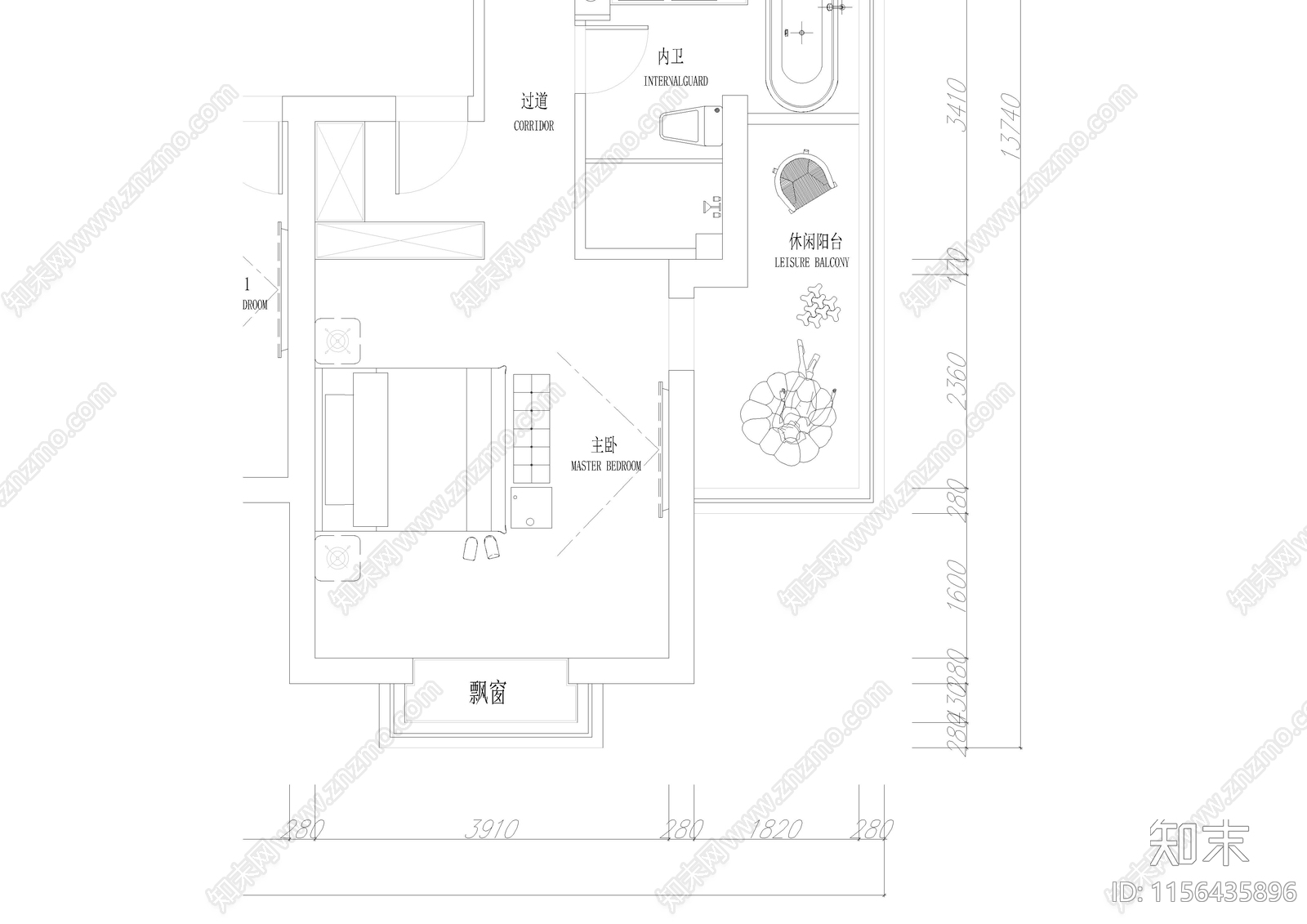 家居卧室cad施工图下载【ID:1156435896】