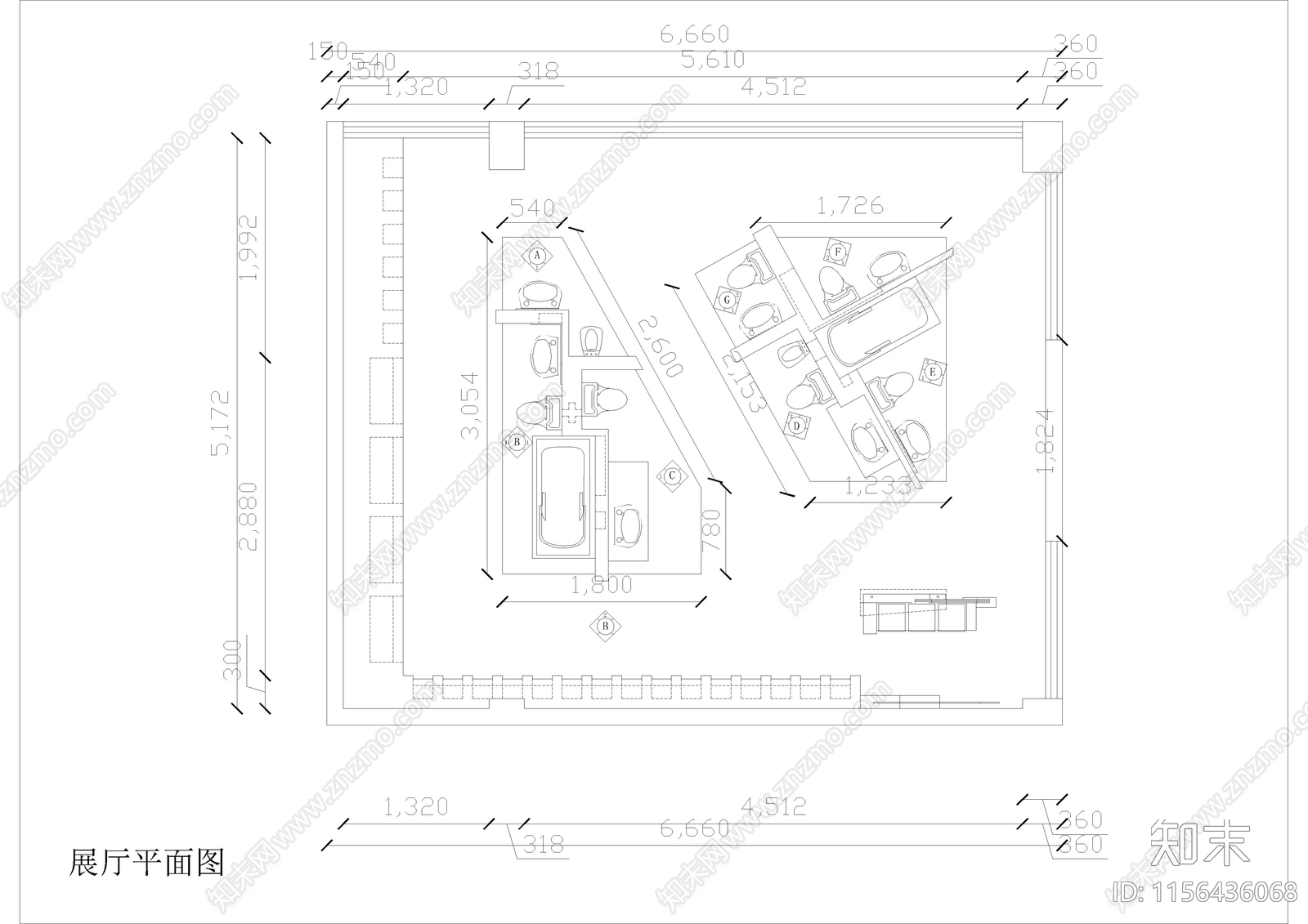 展会品牌洁具展厅cad施工图下载【ID:1156436068】