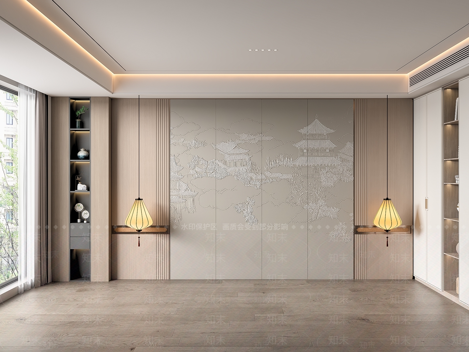 新中式卧室背景墙3D模型下载【ID:1156442074】