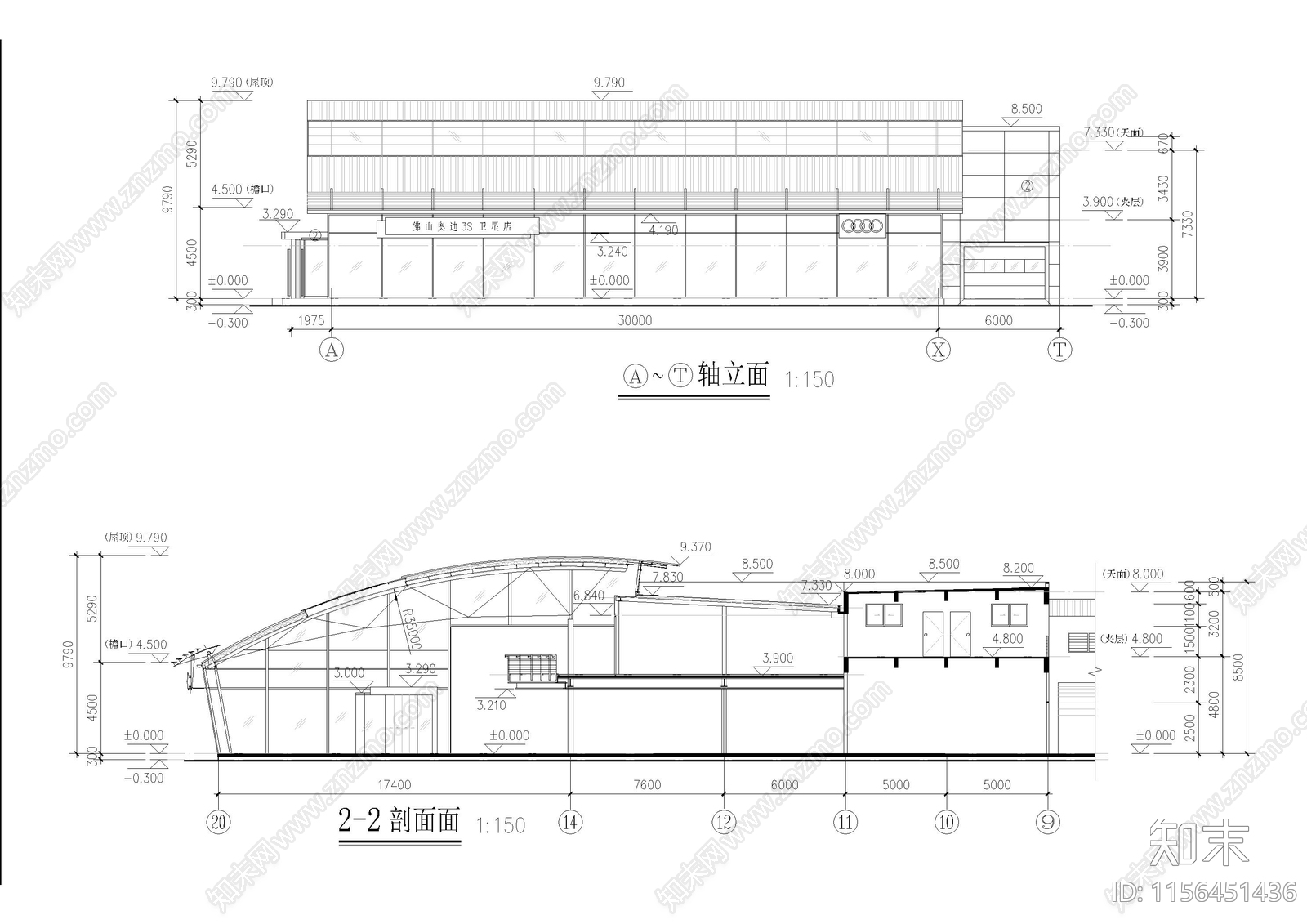 奥迪3S店建筑cad施工图下载【ID:1156451436】