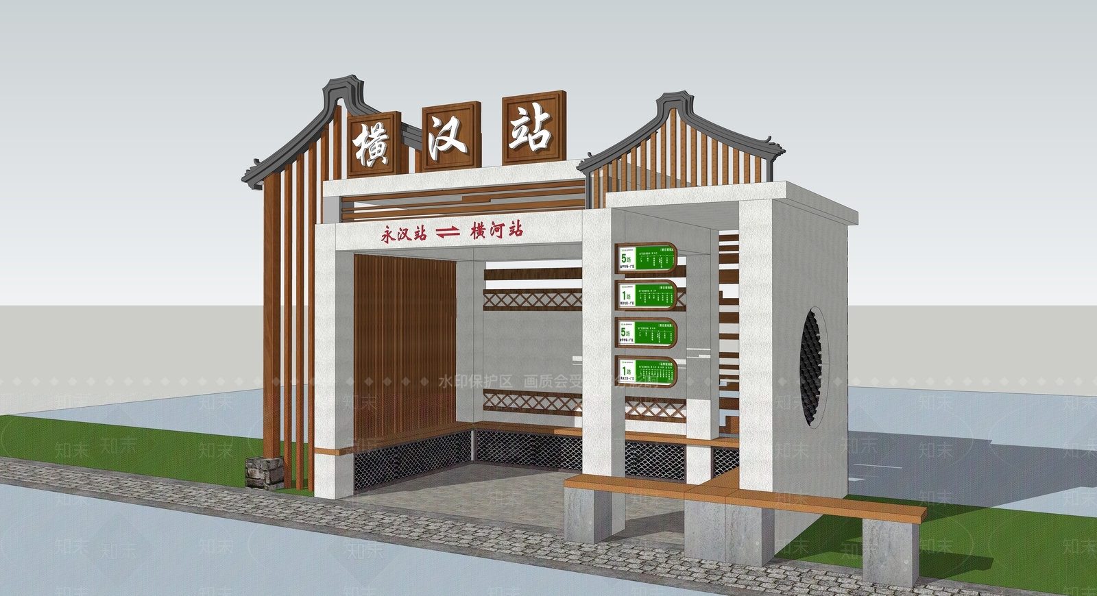 新中式客家风格公交站台SU模型下载【ID:1156485148】