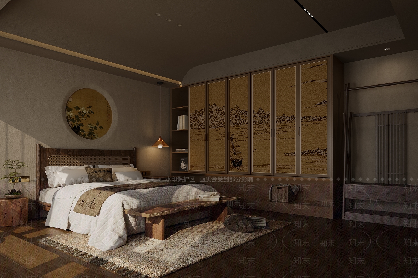 侘寂中古实木飘窗卧室3D模型下载【ID:1156490213】