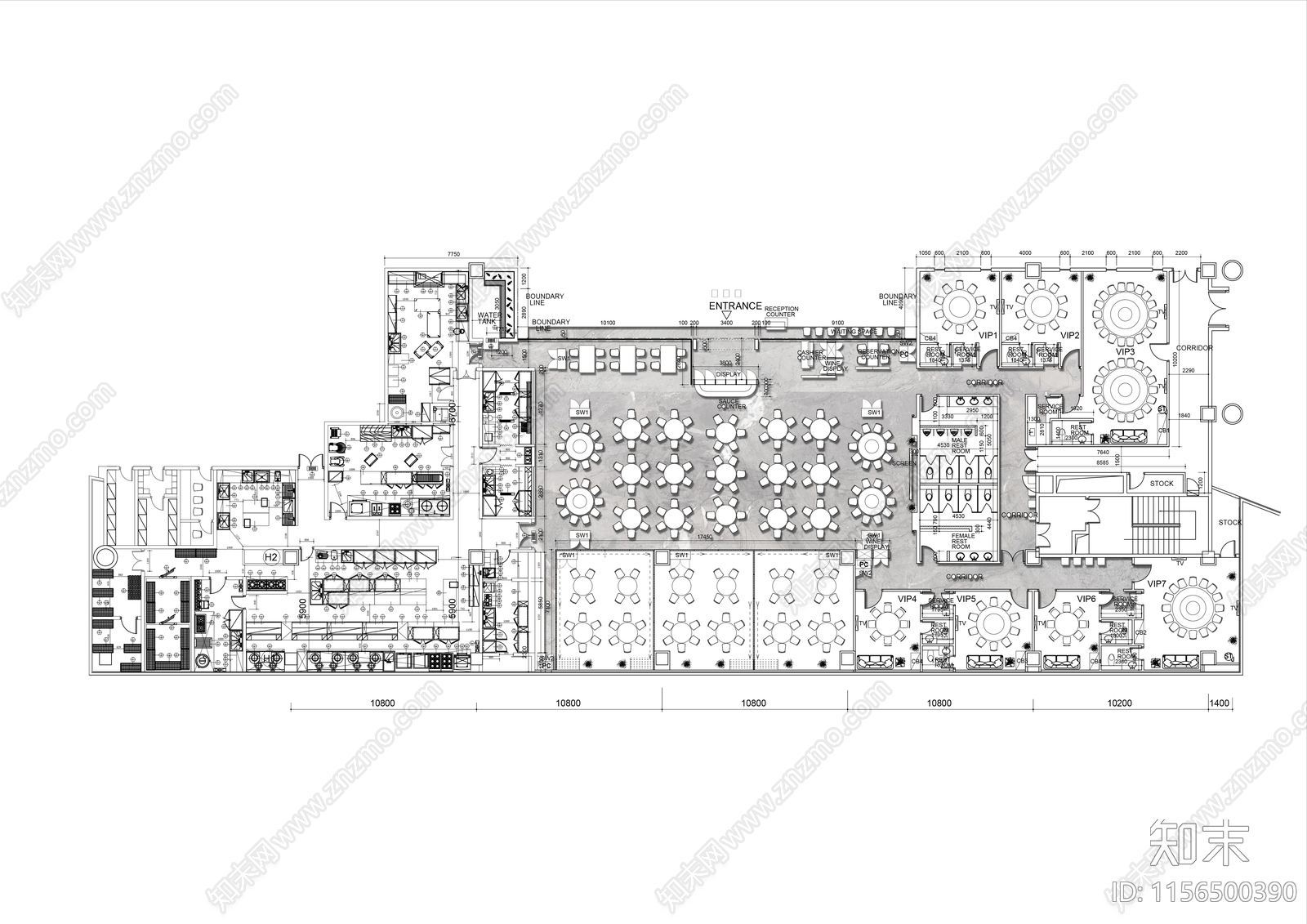 1000㎡中式火锅店平面布置图cad施工图下载【ID:1156500390】