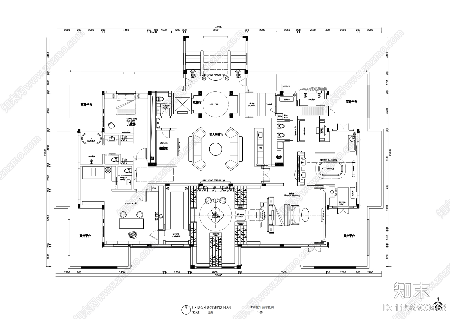 3000平大别墅平面布置图cad施工图下载【ID:1156500468】