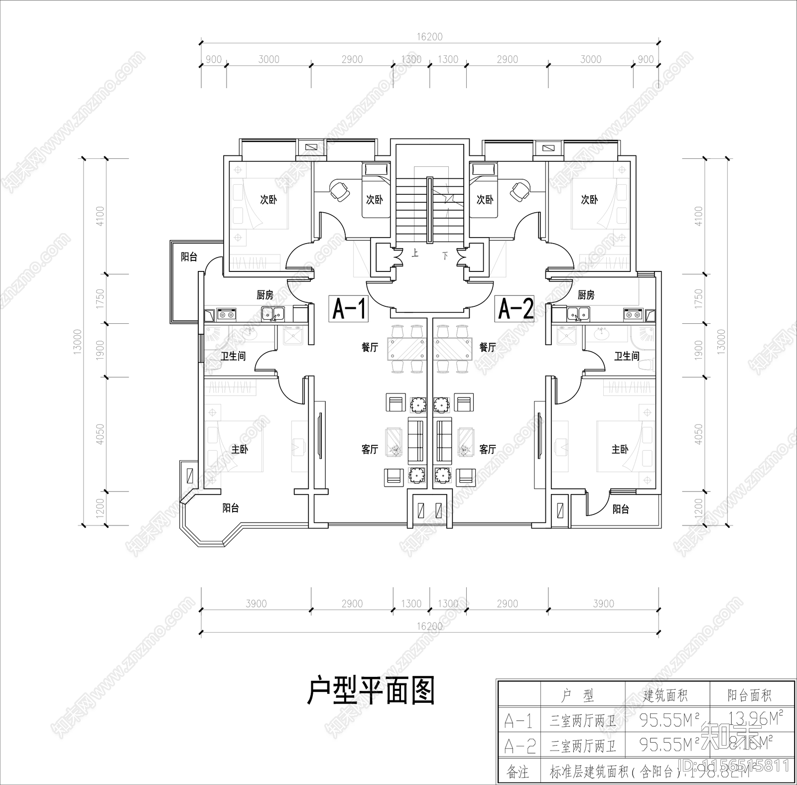 多层住宅户型平面图cad施工图下载【ID:1156515811】