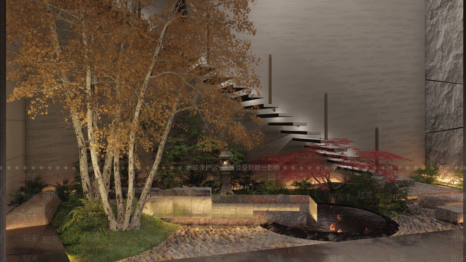 现代日式下沉庭院景观SU模型下载【ID:1156516807】