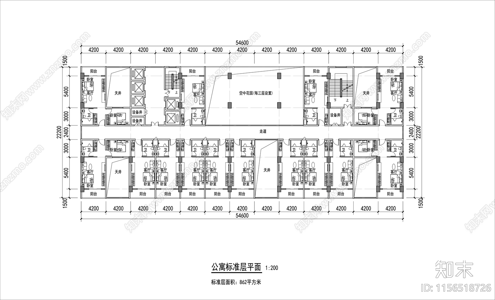 公寓标准平面图cad施工图下载【ID:1156518726】