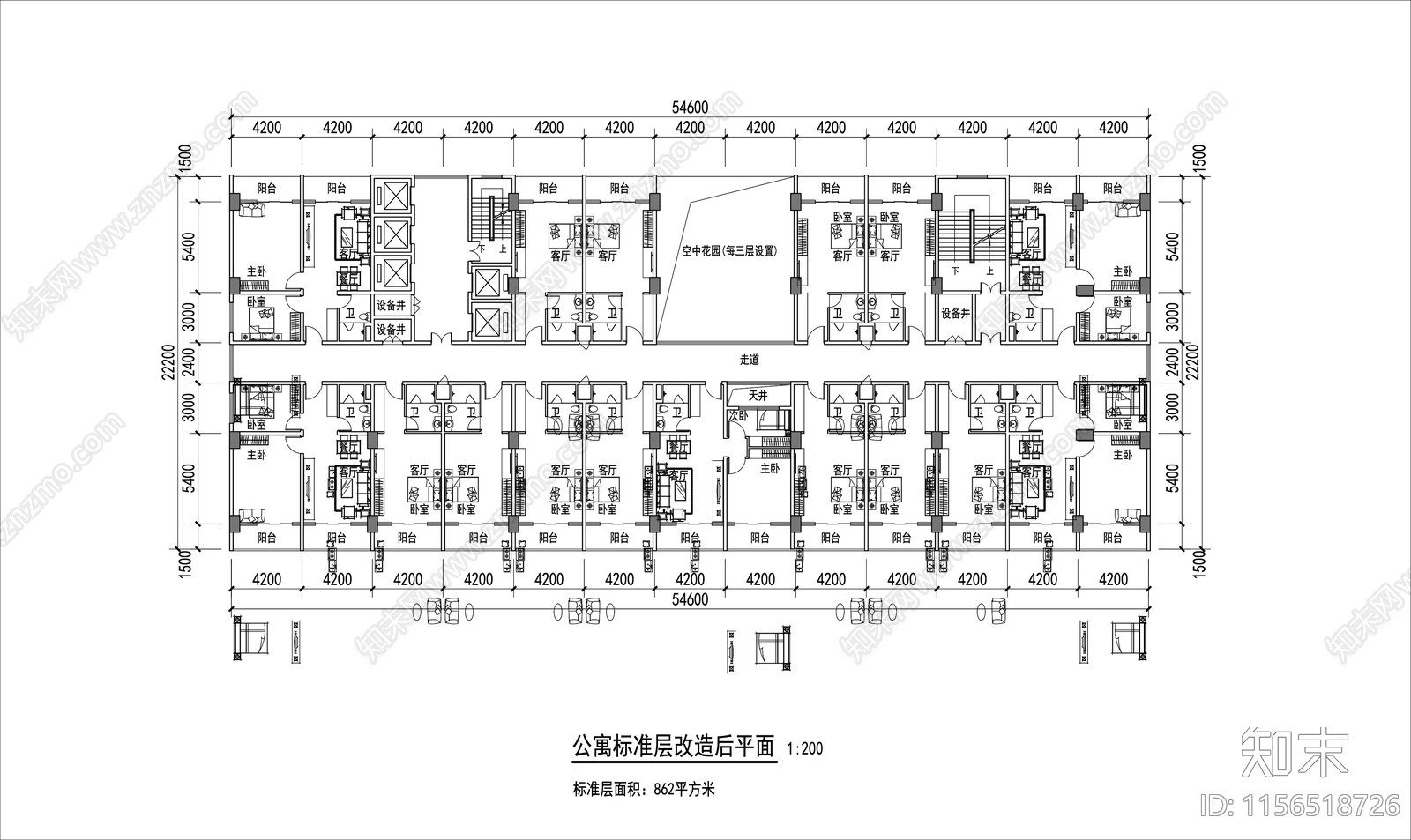 公寓标准平面图cad施工图下载【ID:1156518726】