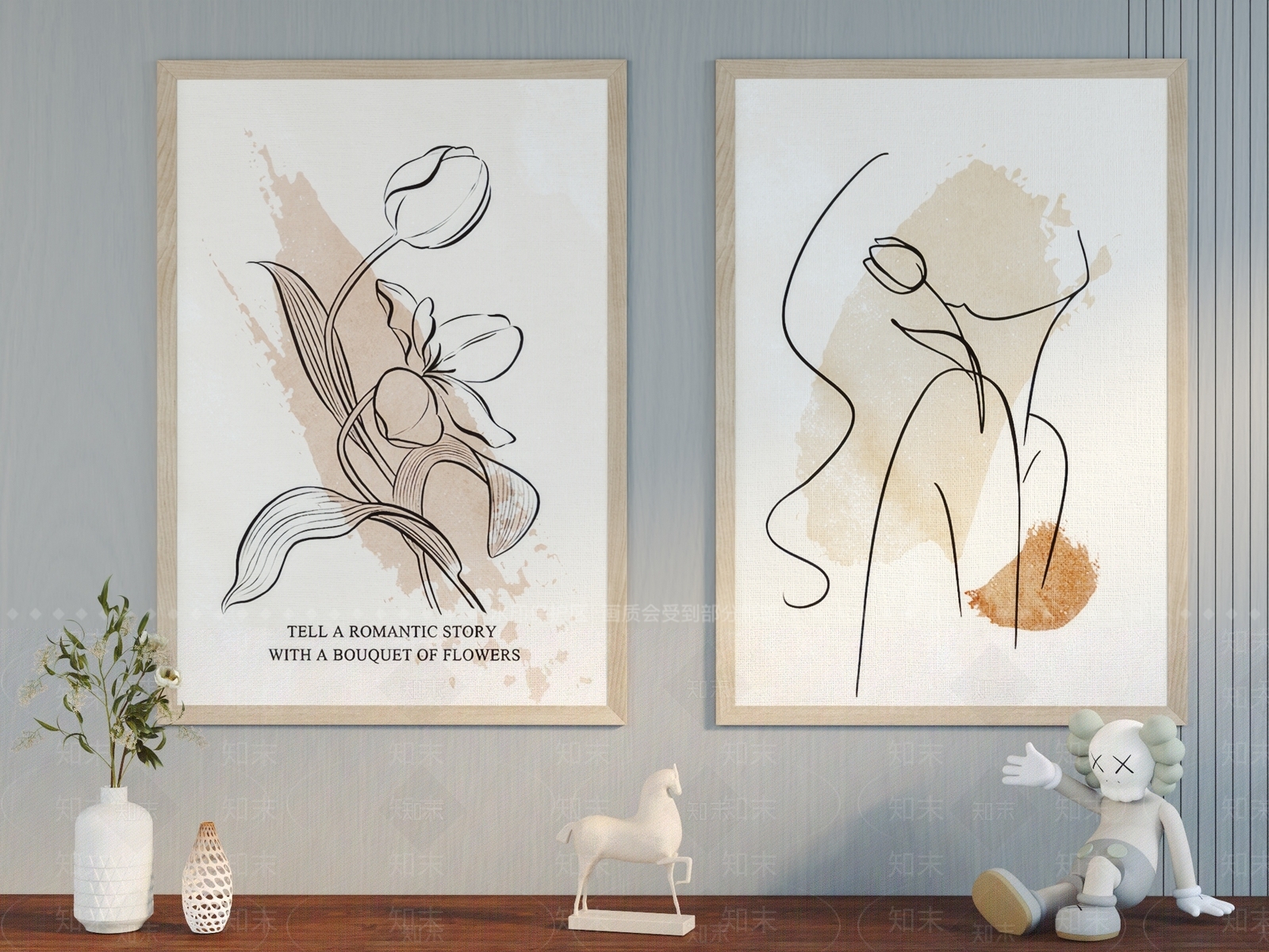 法式奶油风线条女性花卉床头背景墙挂画组合3D模型下载【ID:1156525387】