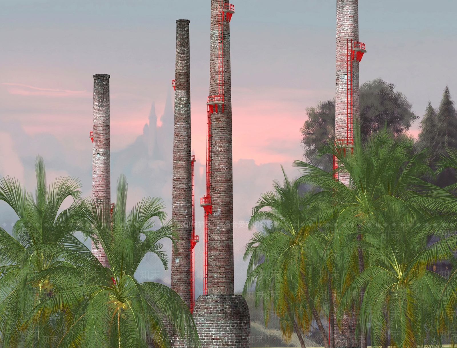 工业砖砌圆筒烟囱SU模型下载【ID:1156526326】