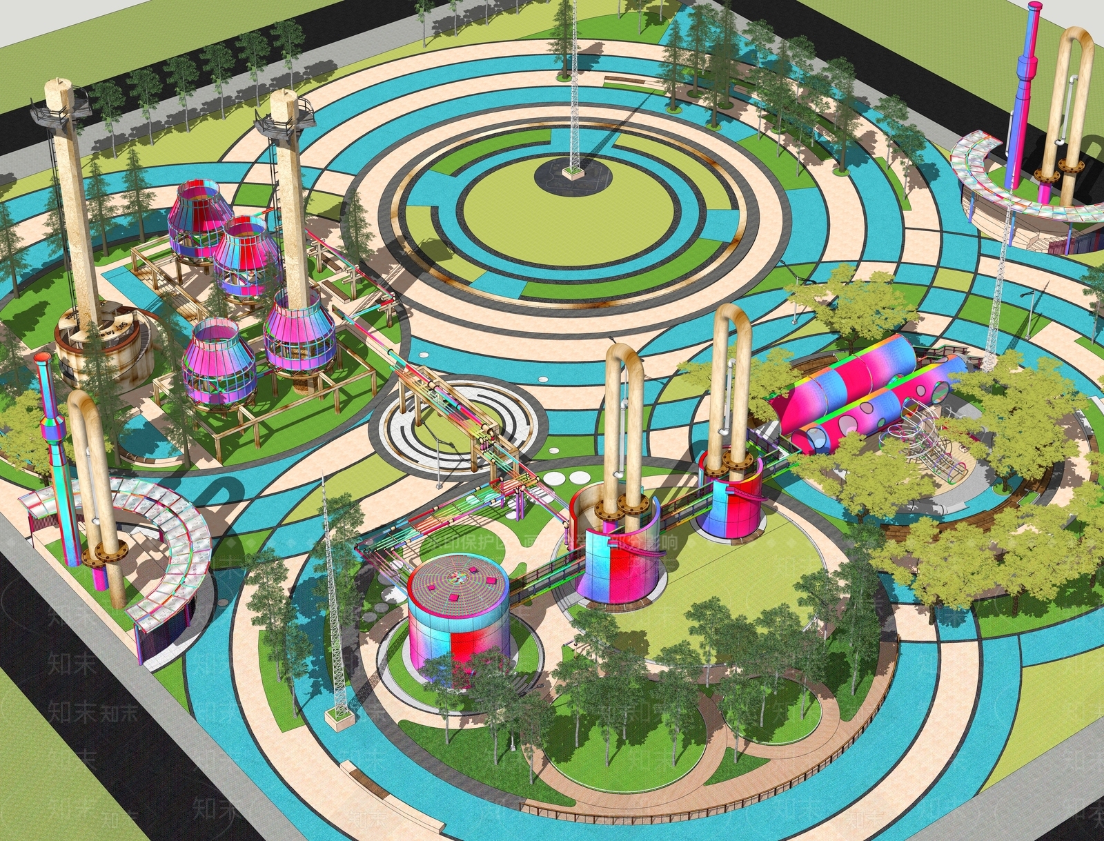 工业圆形广场厂房遗址公园SU模型下载【ID:1156526569】