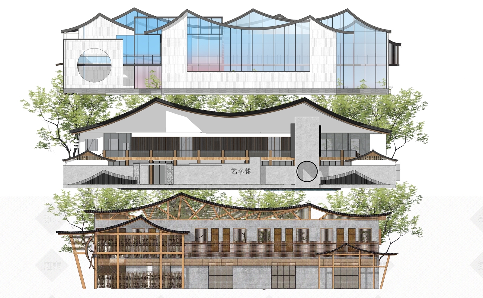 新中式展览馆建筑SU模型下载【ID:1156527303】
