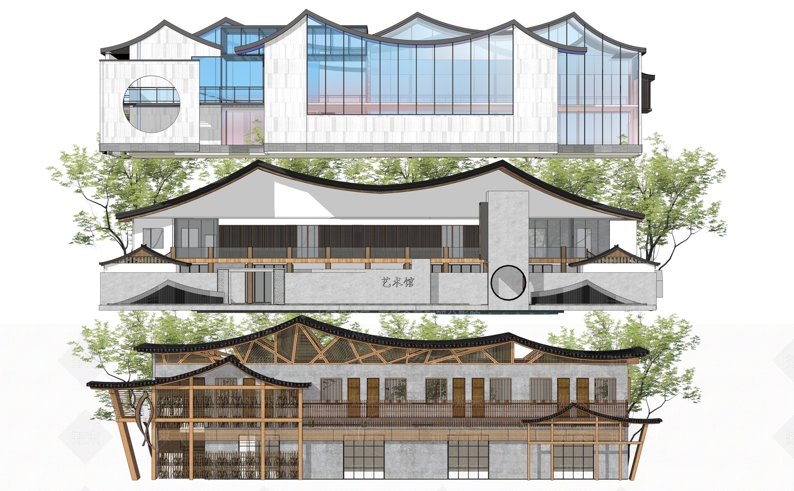 新中式展览馆建筑SU模型下载【ID:1156527303】