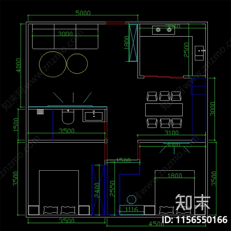 两室一厅家装cad施工图下载【ID:1156550166】