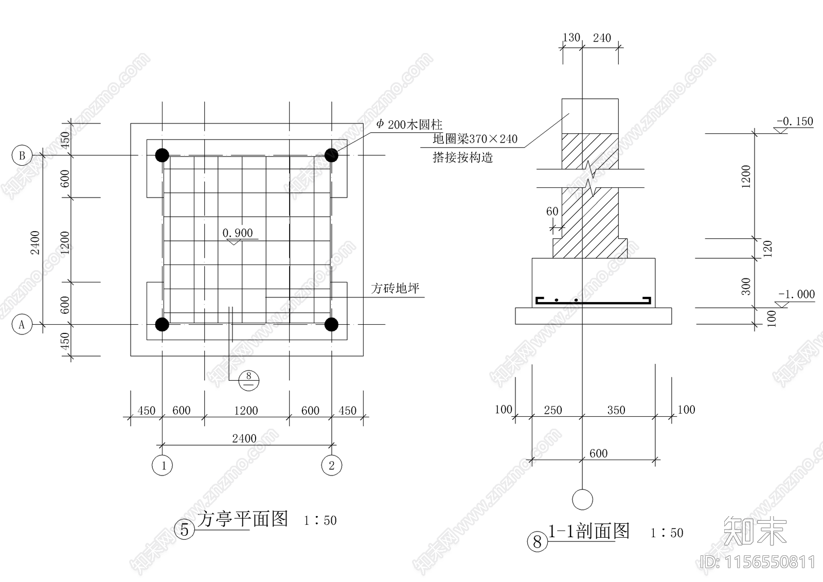 中式仿古亭子建筑cad施工图下载【ID:1156550811】