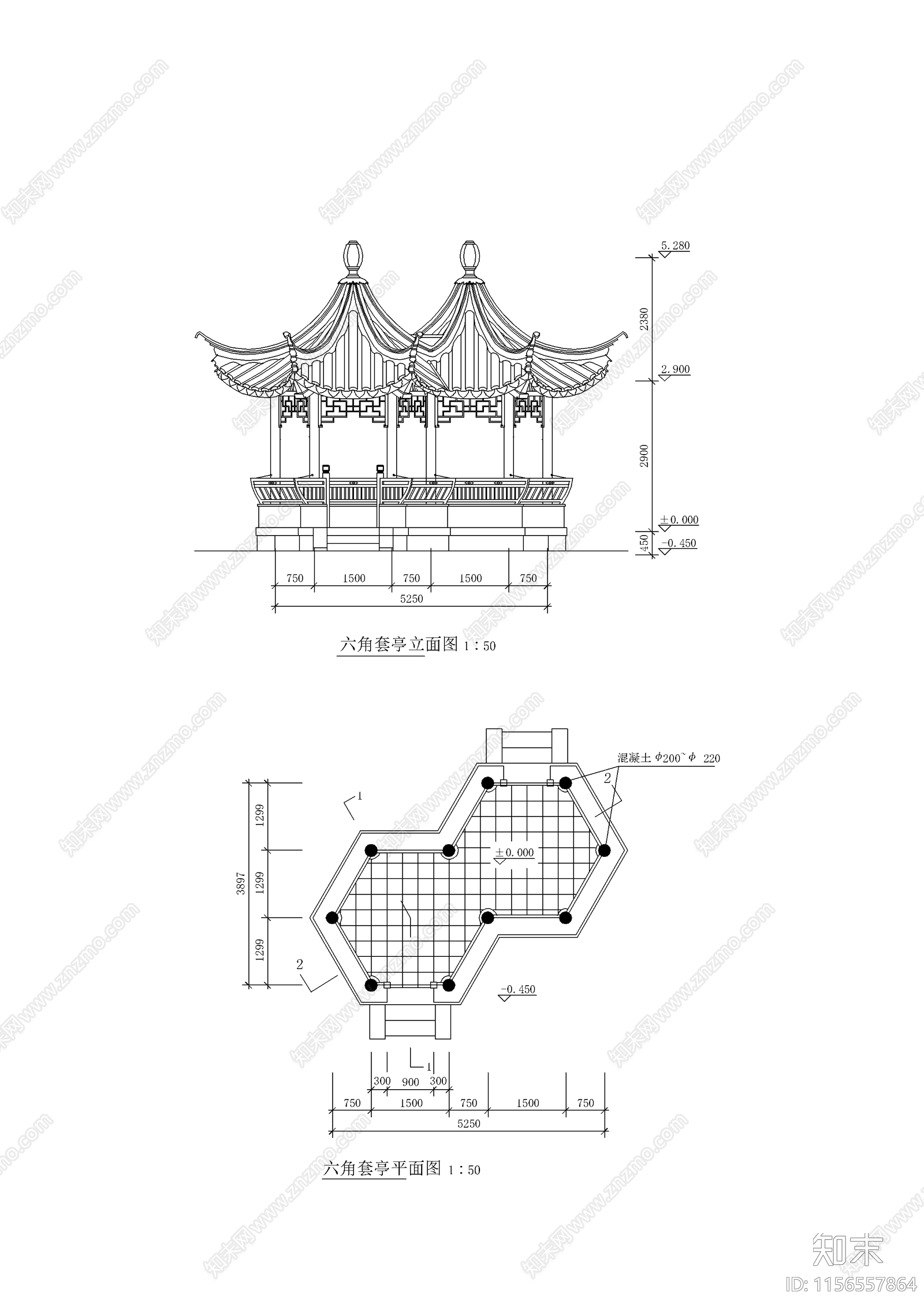 双连亭子建筑cad施工图下载【ID:1156557864】