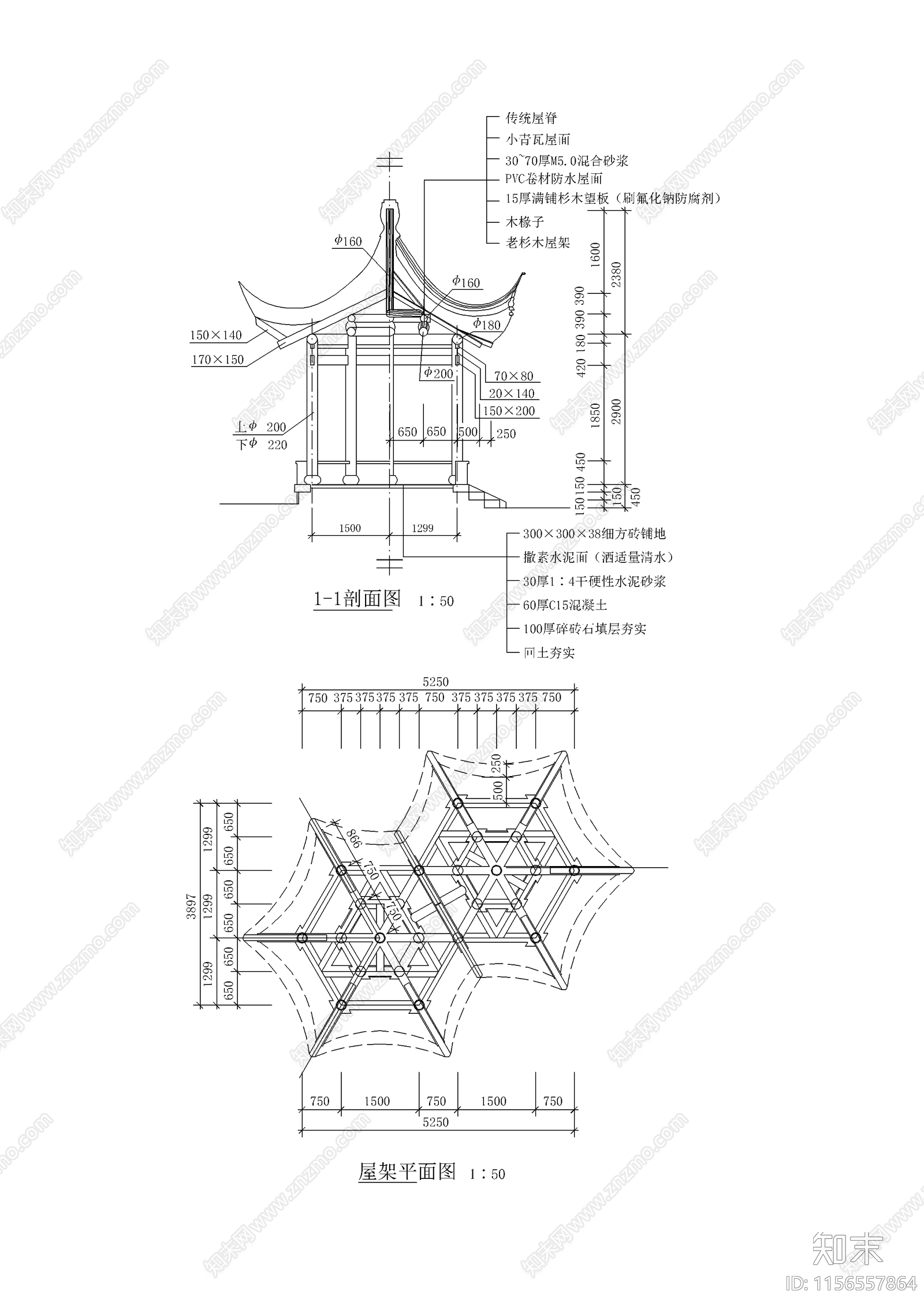 双连亭子建筑cad施工图下载【ID:1156557864】