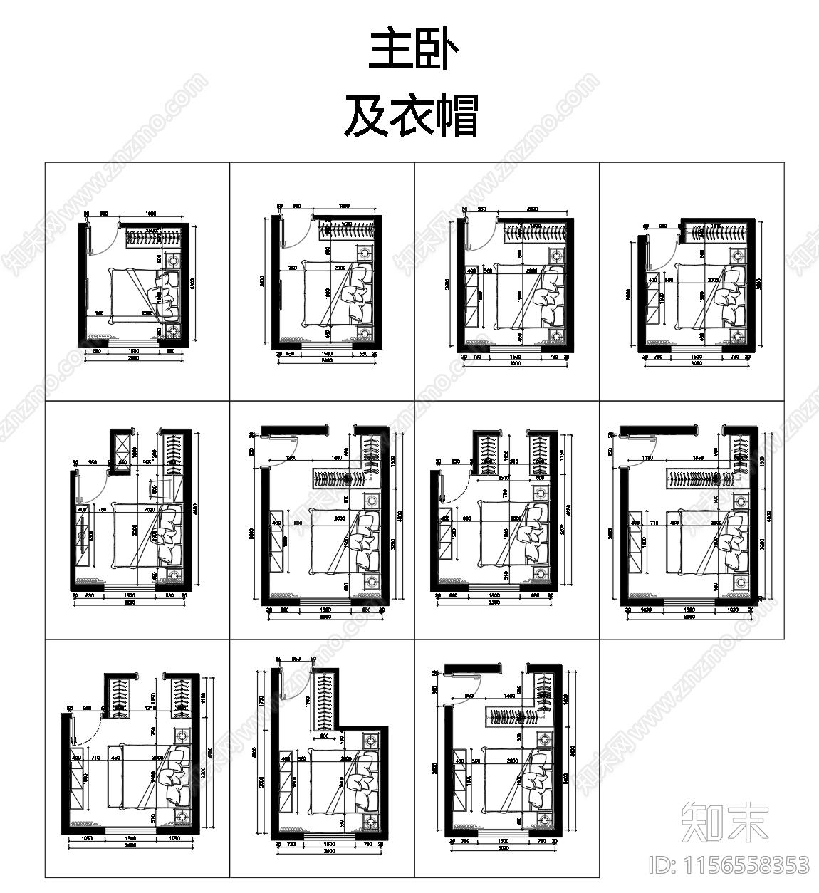 不不同尺寸卧室布局施工图下载【ID:1156558353】