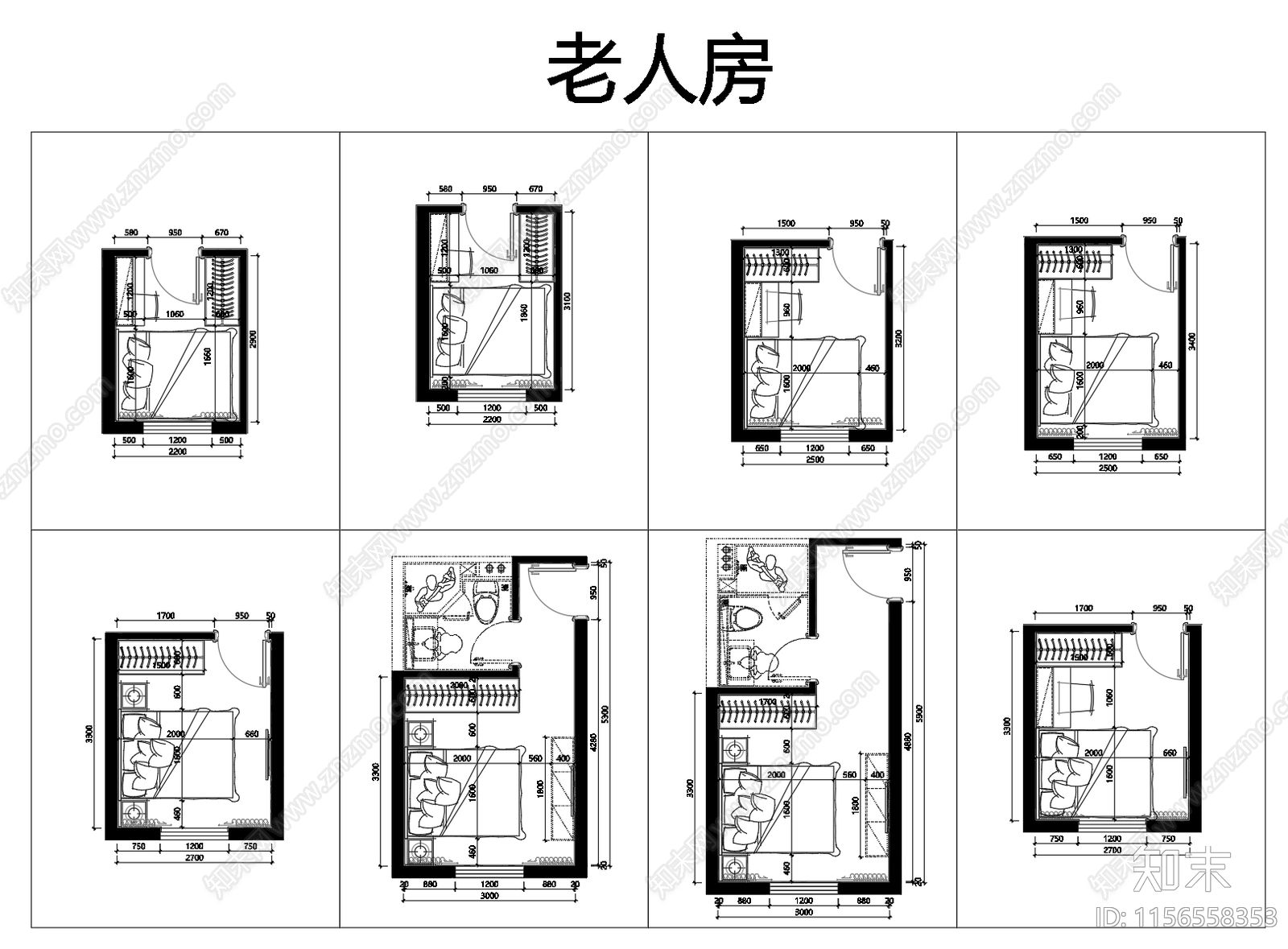 不不同尺寸卧室布局施工图下载【ID:1156558353】