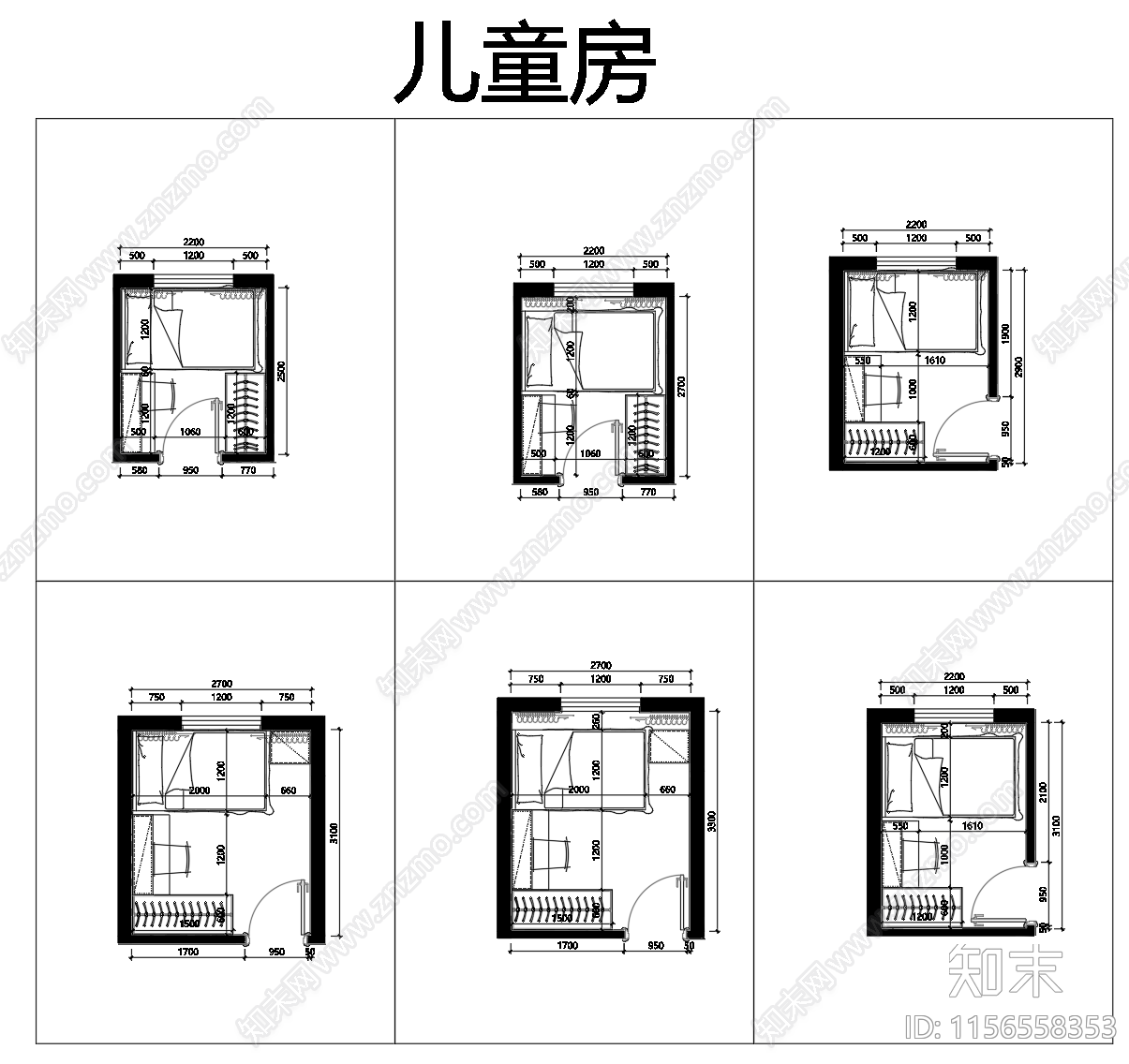 不不同尺寸卧室布局施工图下载【ID:1156558353】