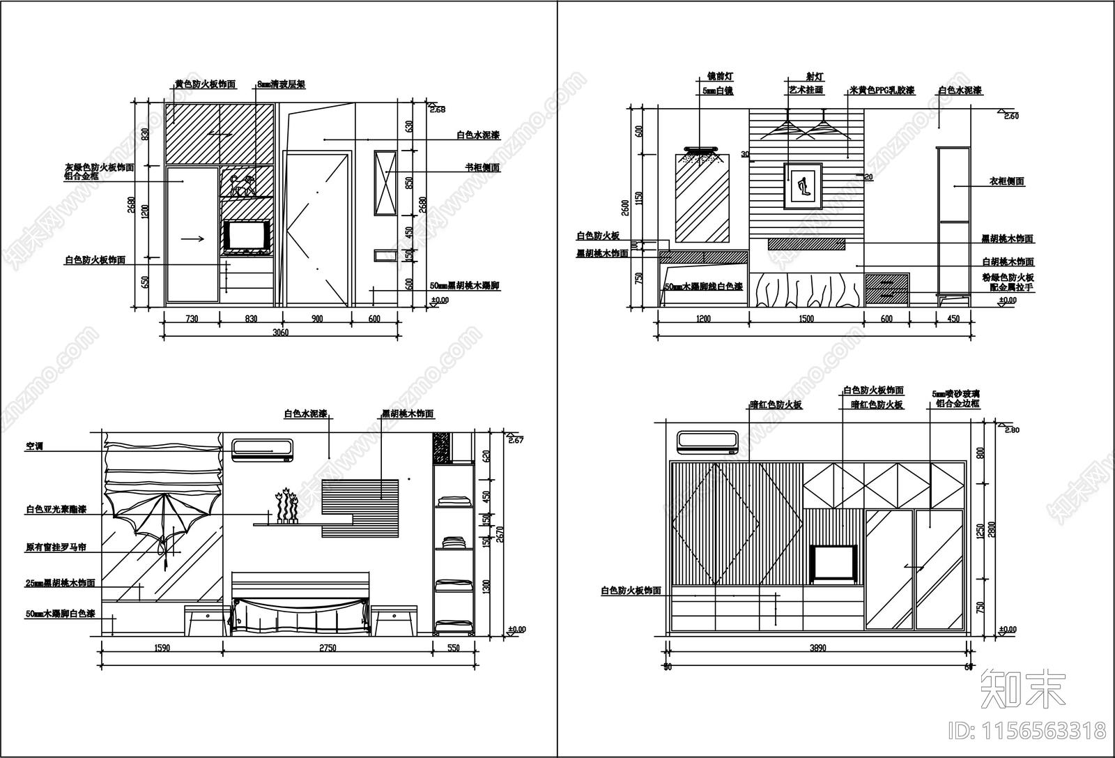 43个主人房卧室立面cad施工图下载【ID:1156563318】