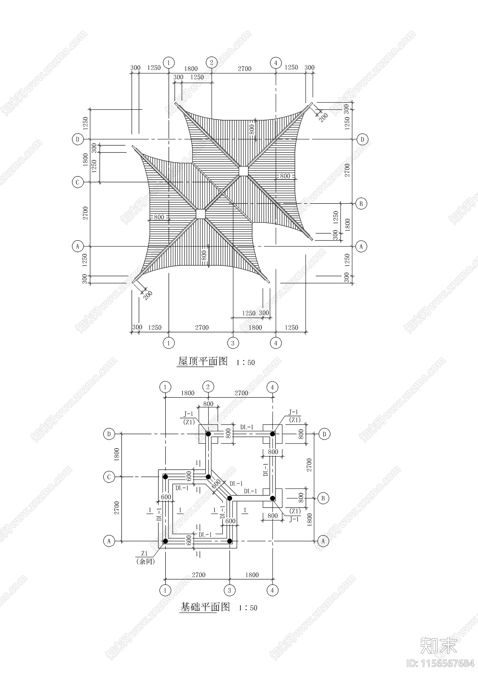 四角套亭子建筑cad施工图下载【ID:1156567684】