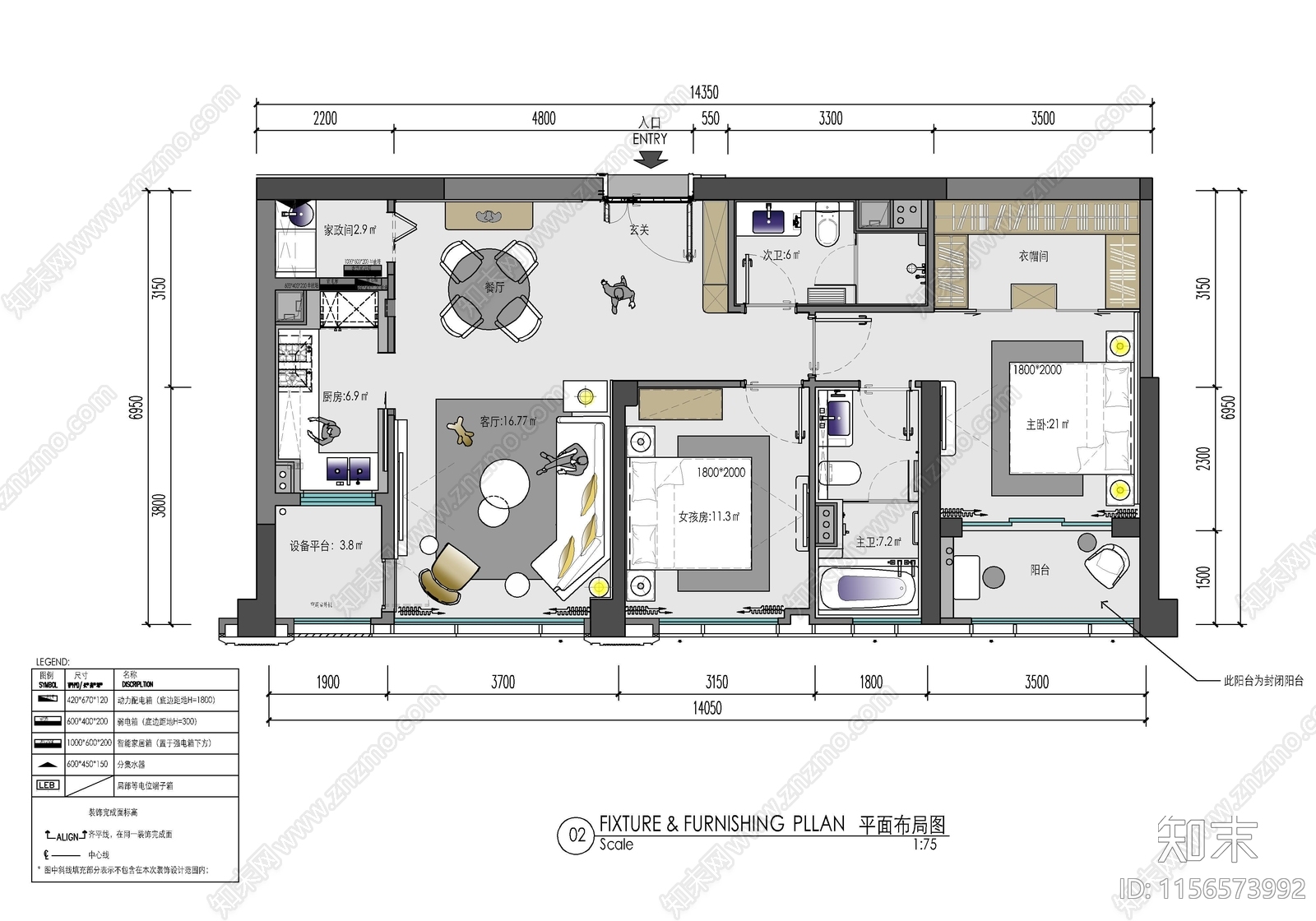 95㎡两居室家装样板房室cad施工图下载【ID:1156573992】