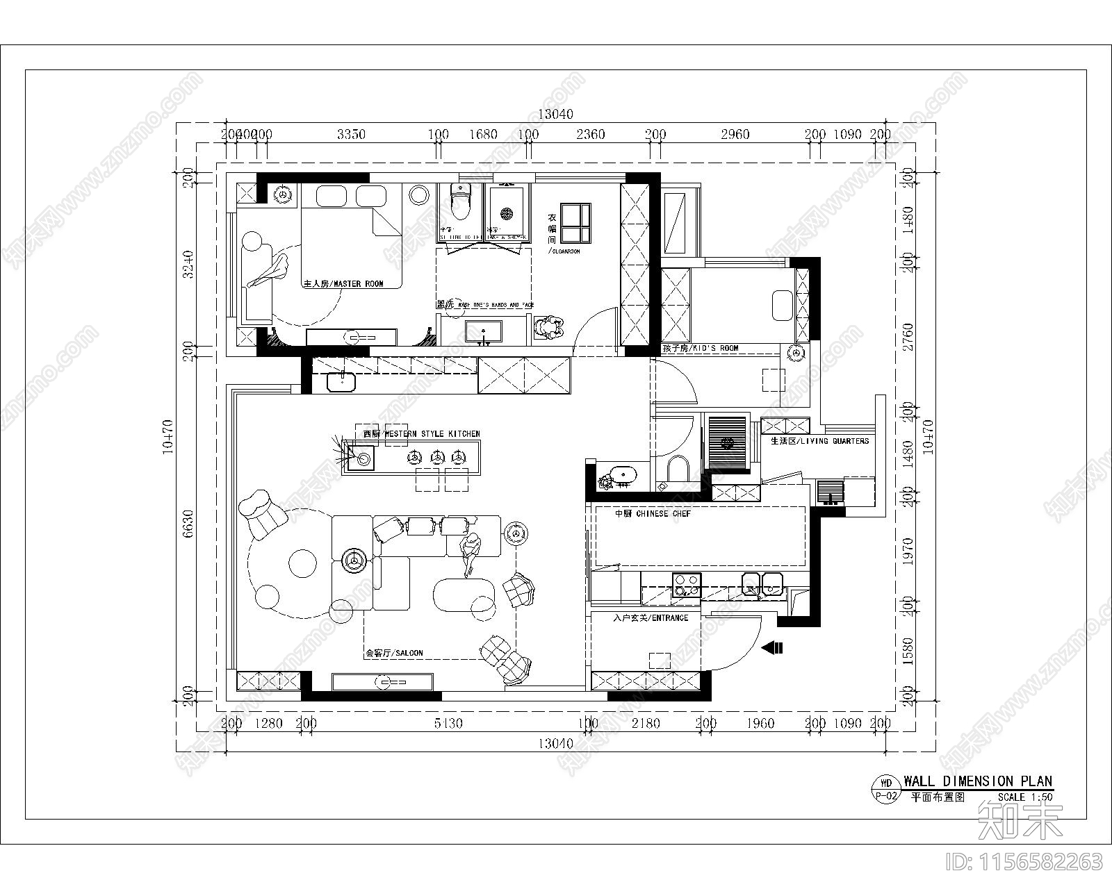120m²平层设计平面规划施工图下载【ID:1156582263】
