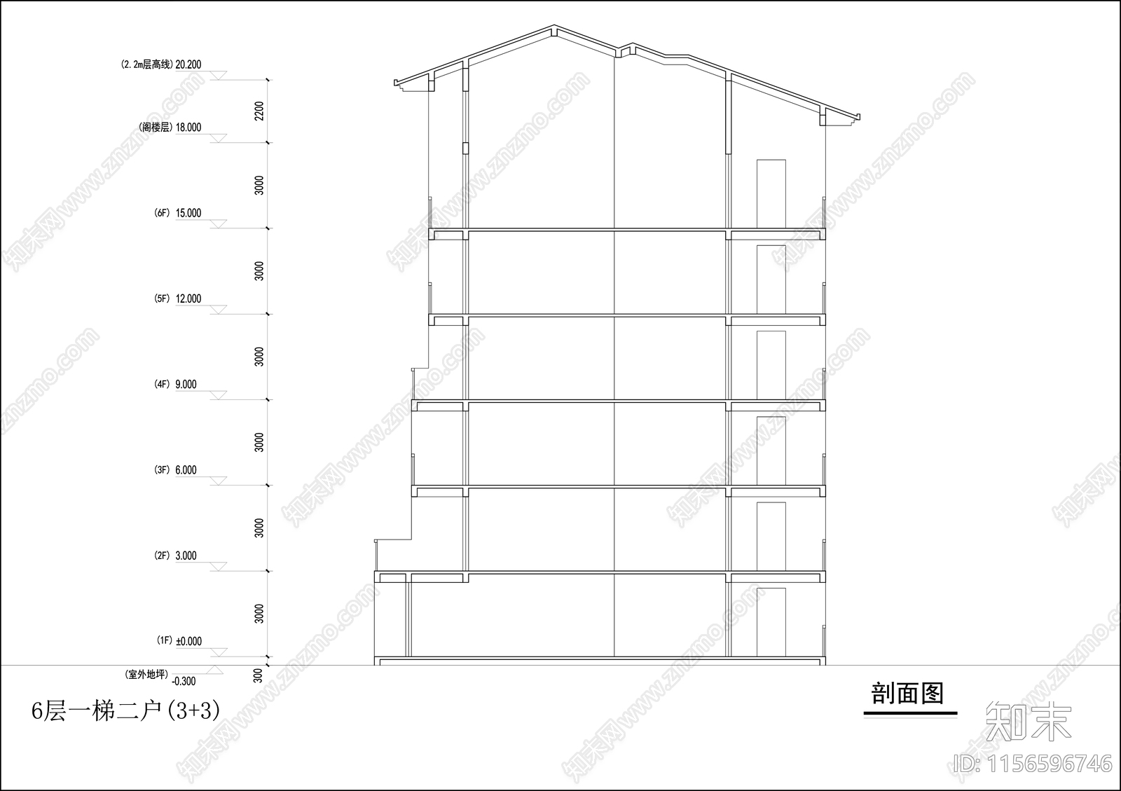 六层住宅平立剖面图cad施工图下载【ID:1156596746】