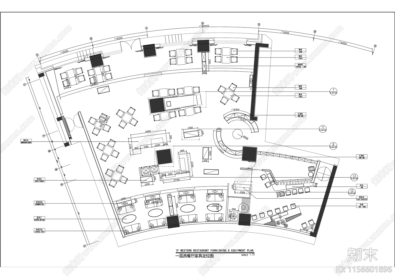 现代西餐厅餐饮空间室内精装修cad施工图下载【ID:1156601896】