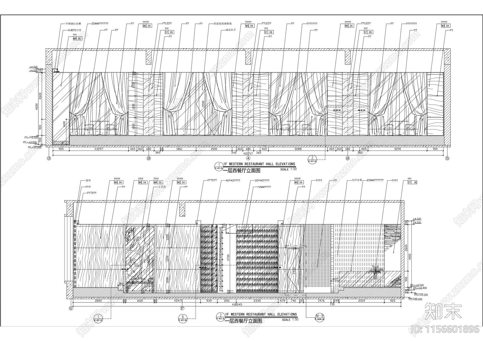 现代西餐厅餐饮空间室内精装修cad施工图下载【ID:1156601896】