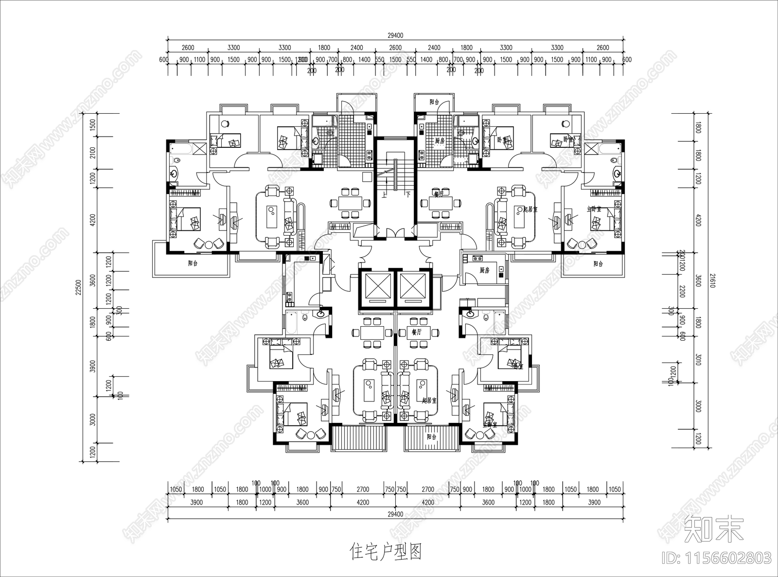 高层塔楼住宅一梯四户户型图cad施工图下载【ID:1156602803】