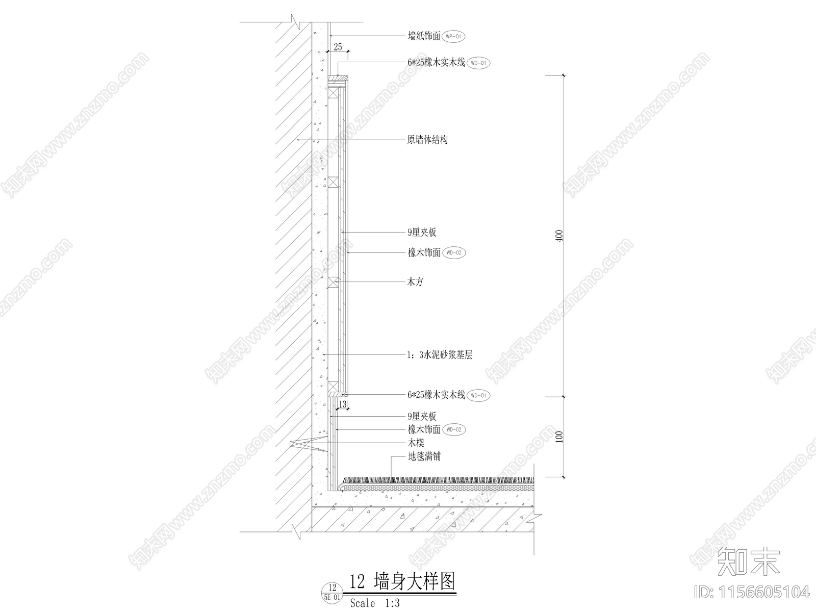 木饰面墙裙大样图施工图下载【ID:1156605104】