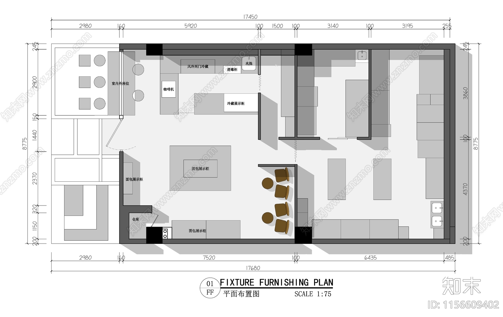 155平米烘焙面包店平面布置图施工图下载【ID:1156609402】