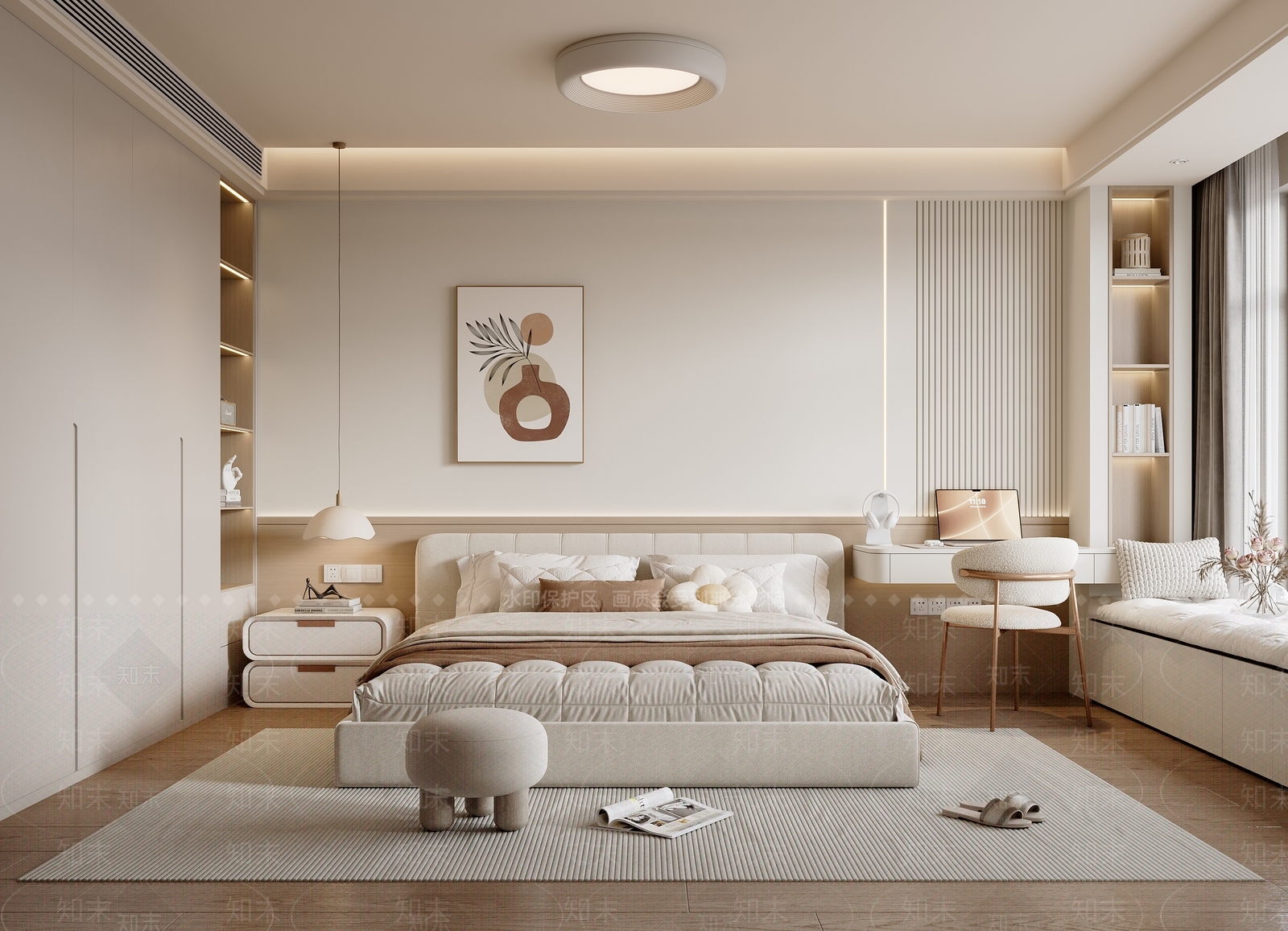 现代奶油风卧室3D模型下载【ID:1156610824】