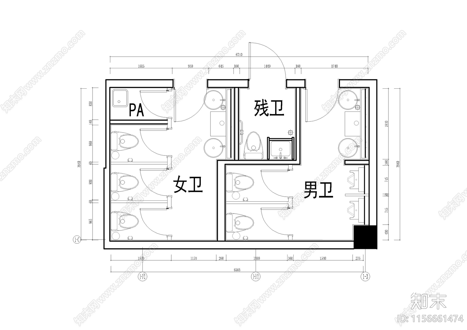 现代公共卫生间cad施工图下载【ID:1156661474】