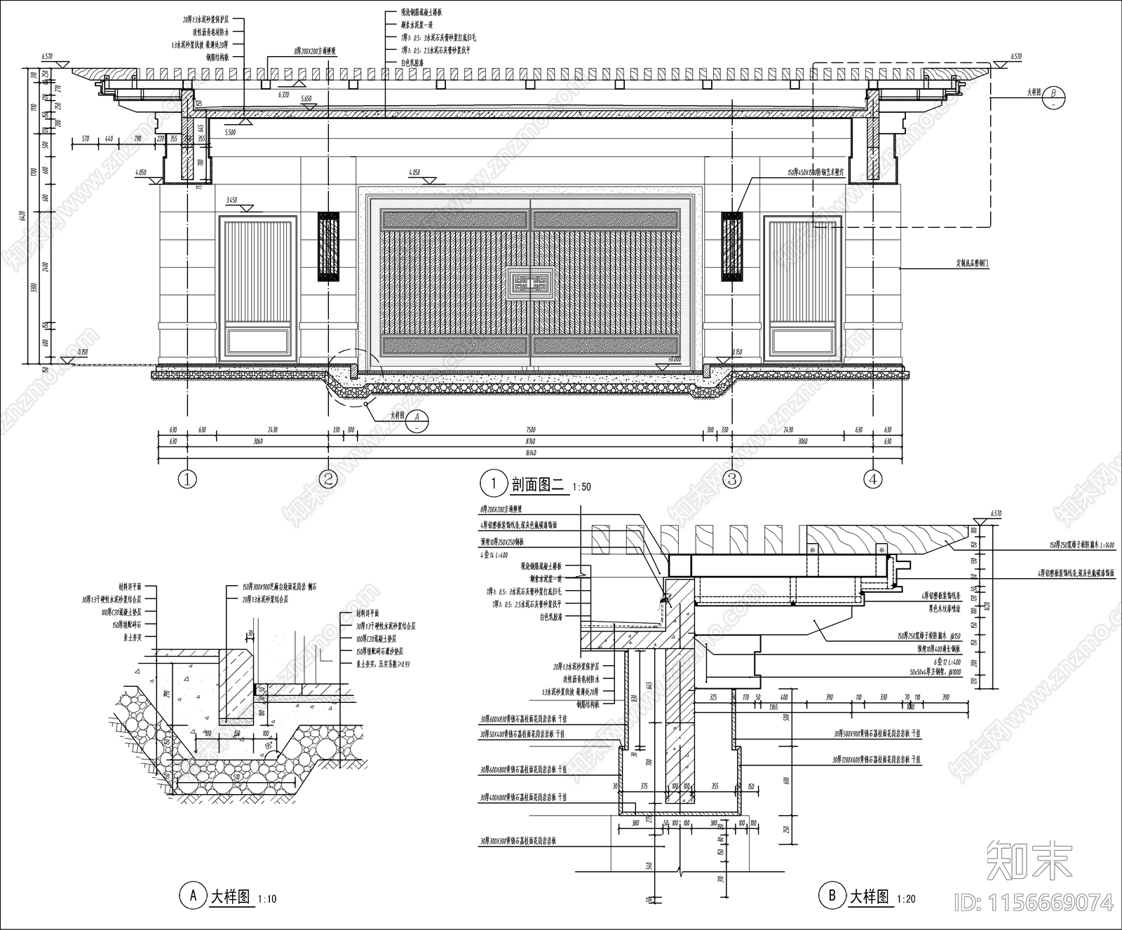 新中式小区入口大门cad施工图下载【ID:1156669074】