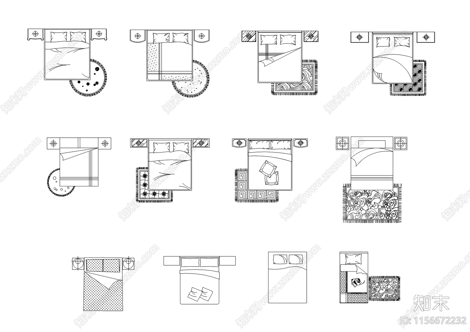 家具床素材图库cad施工图下载【ID:1156672232】