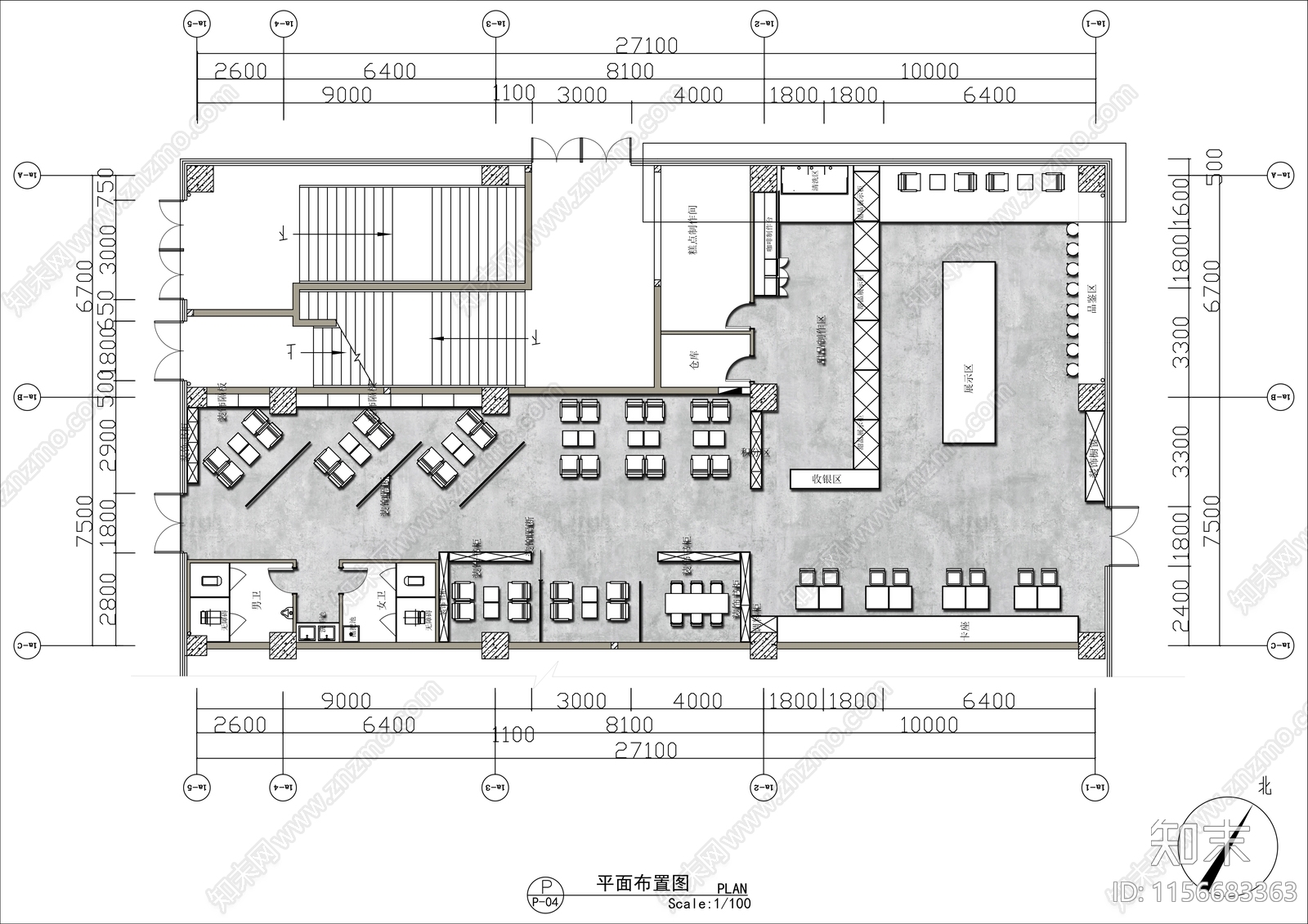 300㎡甜品烘焙咖啡店平面布置图施工图下载【ID:1156683363】