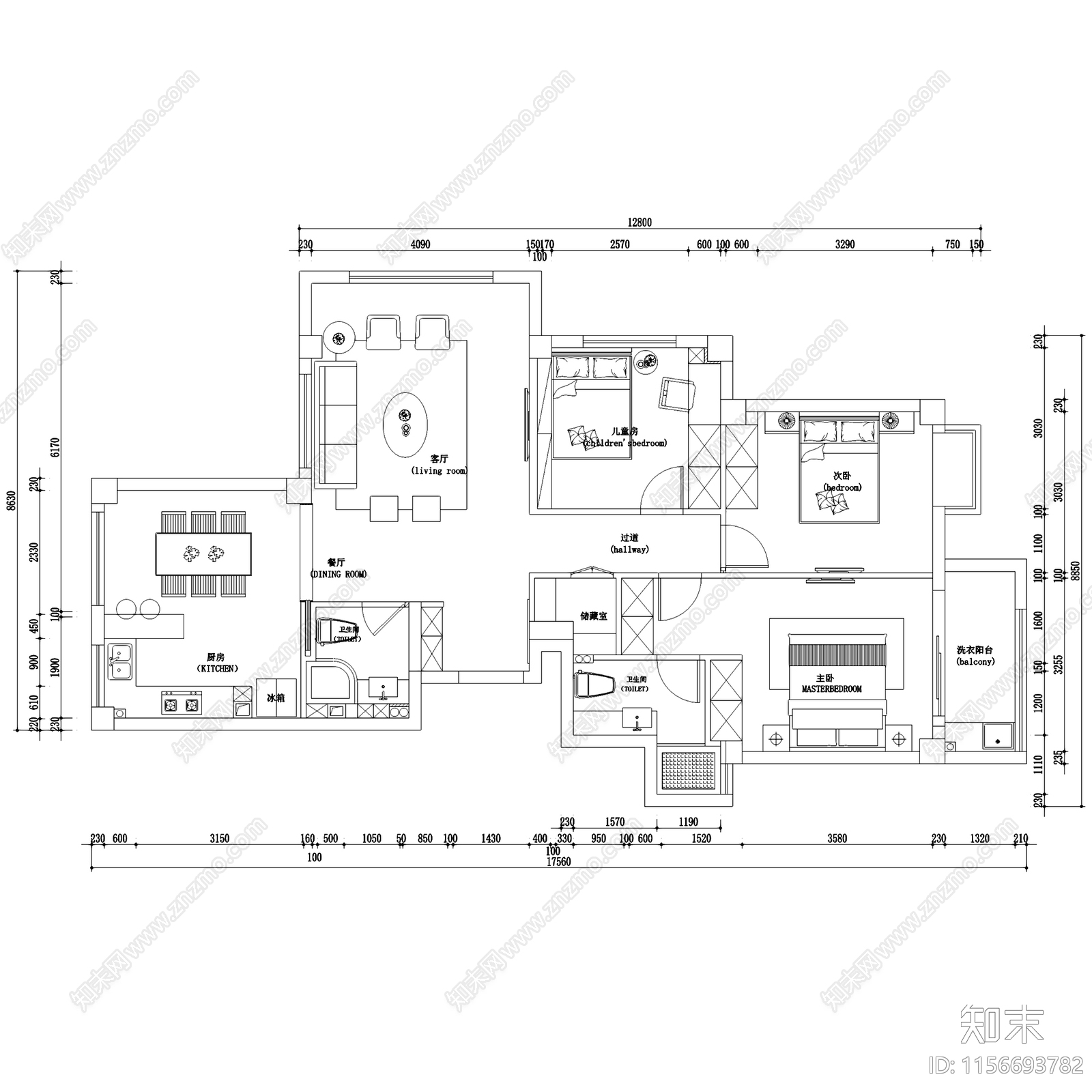 现代轻奢益品居大平层无主灯室内家装cad施工图下载【ID:1156693782】