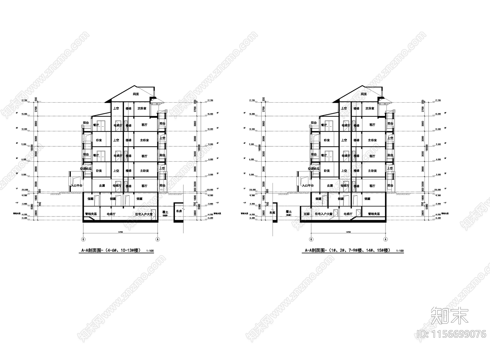 六层叠拼别墅cad施工图下载【ID:1156699076】