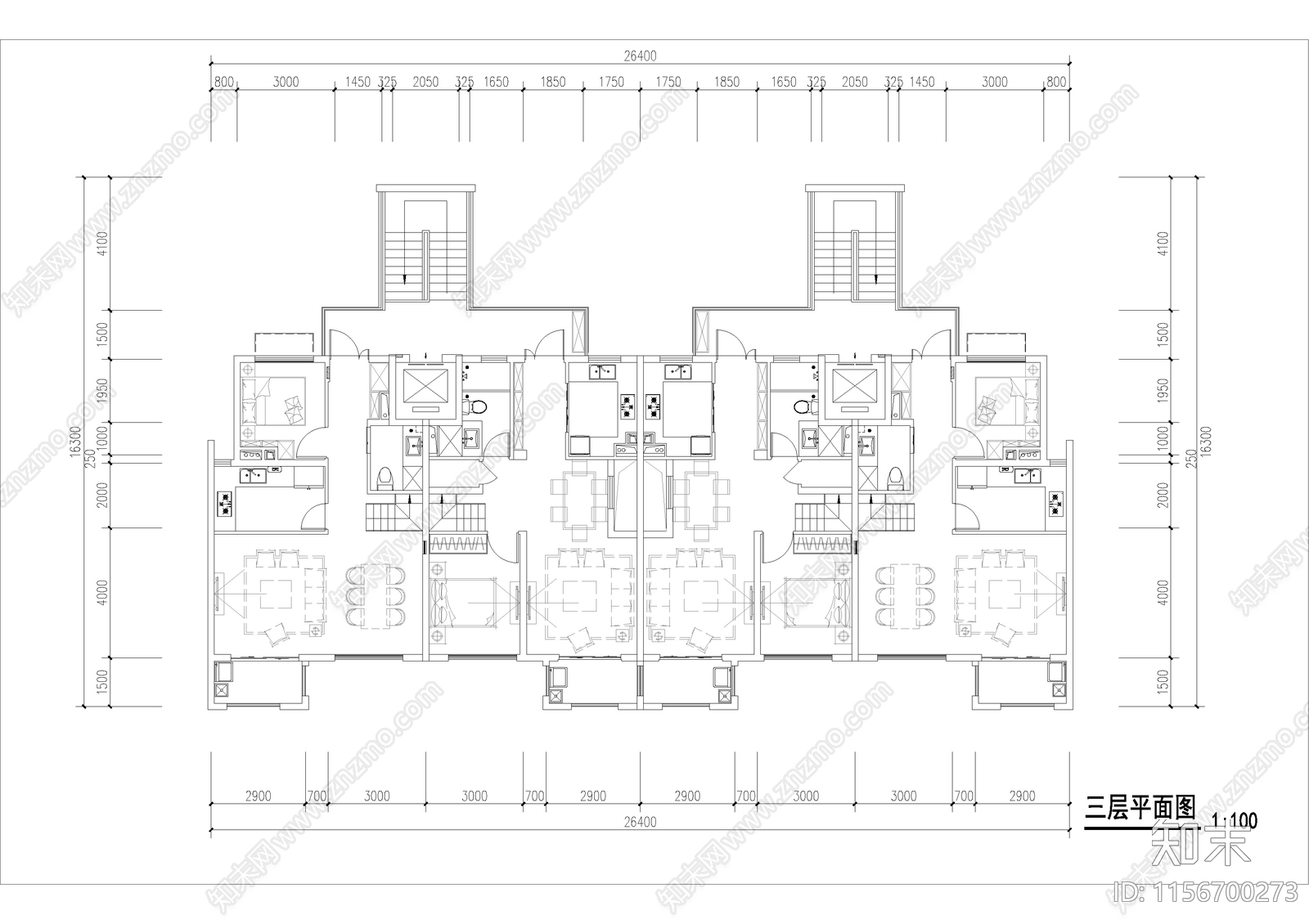 四层叠拼别墅设计cad施工图下载【ID:1156700273】