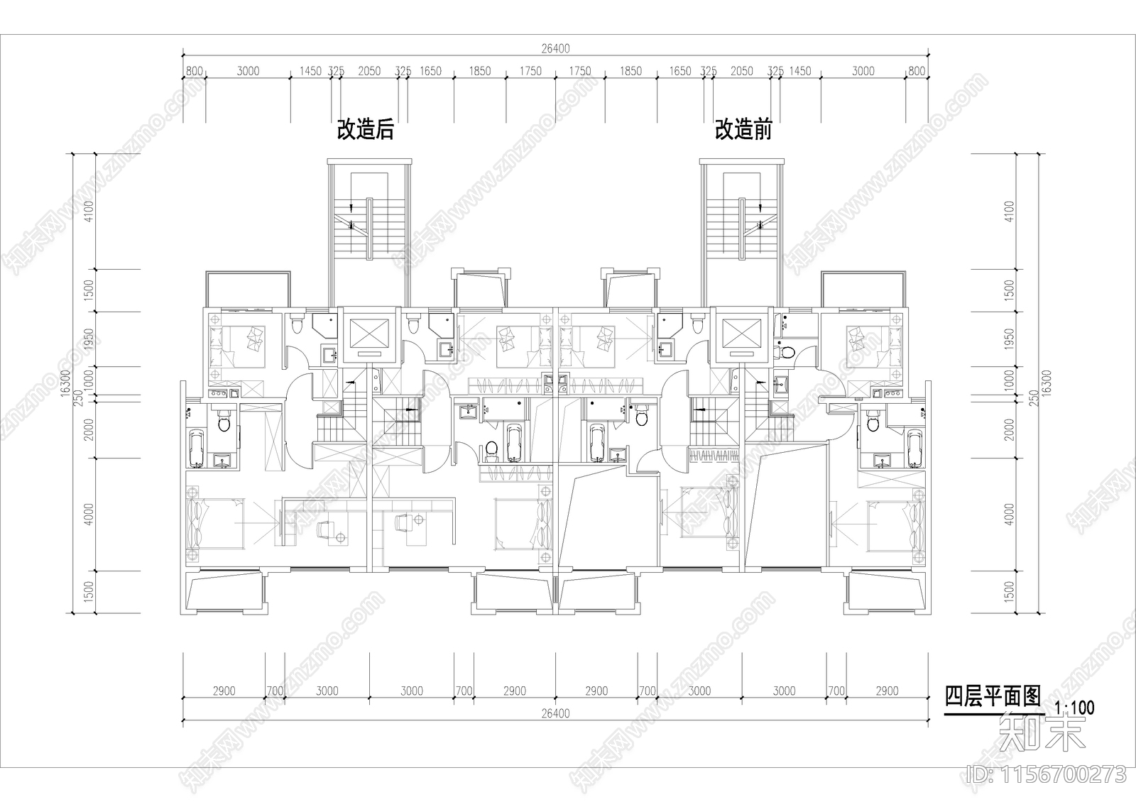 四层叠拼别墅设计cad施工图下载【ID:1156700273】