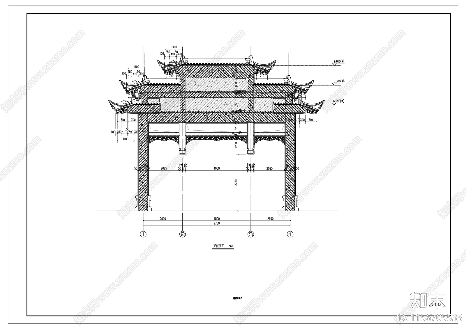 牌坊详图cad施工图下载【ID:1156705535】