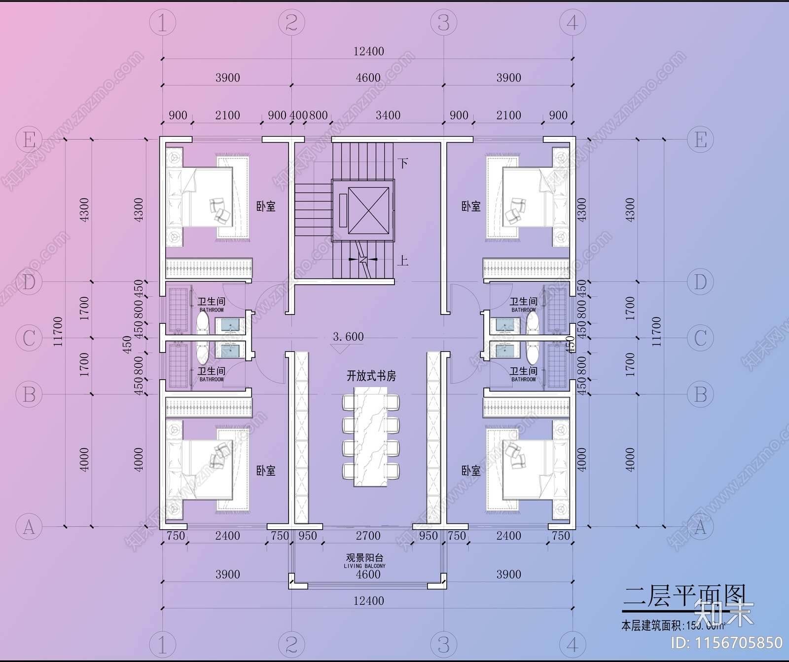 三层自建房家装平面图占地150㎡总面积约430㎡cad施工图下载【ID:1156705850】