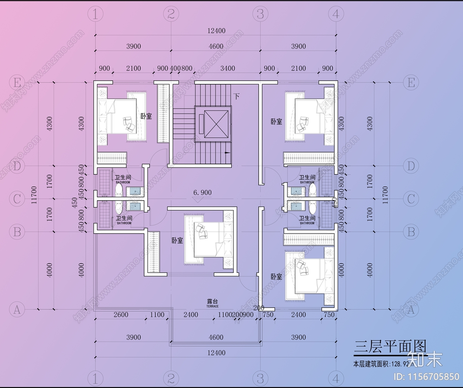 三层自建房家装平面图占地150㎡总面积约430㎡cad施工图下载【ID:1156705850】