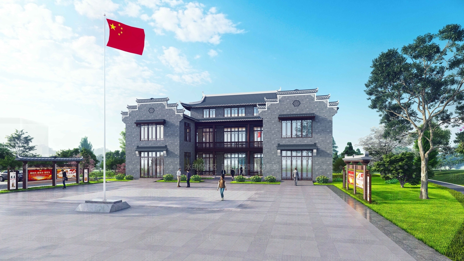 新中式特色三合院村委会SU模型下载【ID:1156712009】